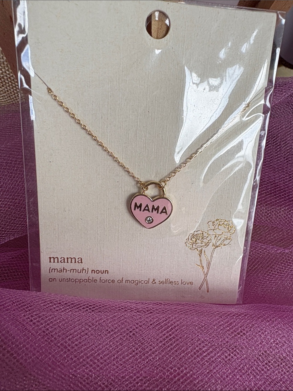 Gold Chain Necklace with Pink 'MAMA' Heart Pendant